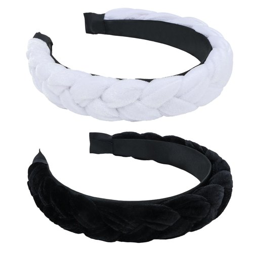 YISSION 2PCS Velvet Braided Headbands for Women Girls Non Slip Head Band Fashion Head Bands Padded Headband for Women Black White Headband Hair Accessories for Women