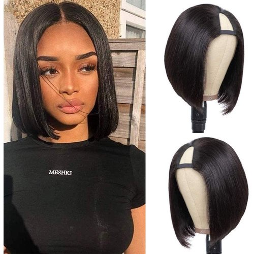 PANEWAY U Part Wig Human Hair Wigs For Black Women 10 inch Short Bob Straight Wig Brazilian Remy Human Hair Bob Wigs Clip in Half Wig U Part Hair Extensions Natural Color