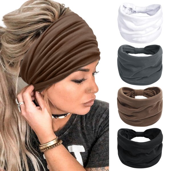 Headbands for Women 7'' Extra Wide Head Bands Non Slip Boho Women’s Hair Band Fashion Knotted Workout Yoga Turban Head Wraps African (4 Packs)