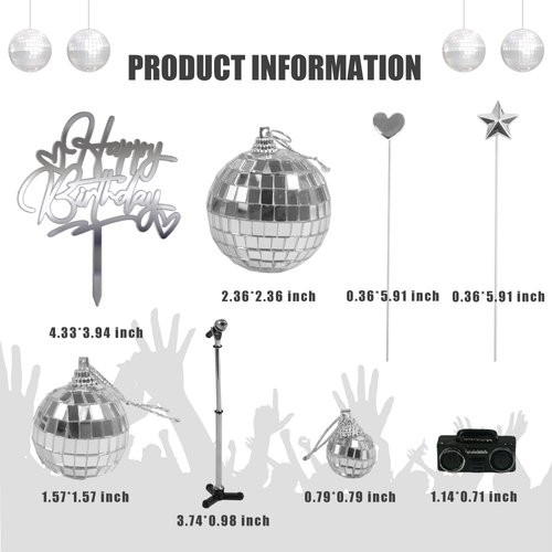 23PCS Disco Ball Cake Toppers 70's Disco Theme Cake Decoration Set with DJ Bling Silver Mirror Balls Centerpiece and Mini Microphone Radio Toy Decor for Women Men 1970s Dance Birthday Party Supplies