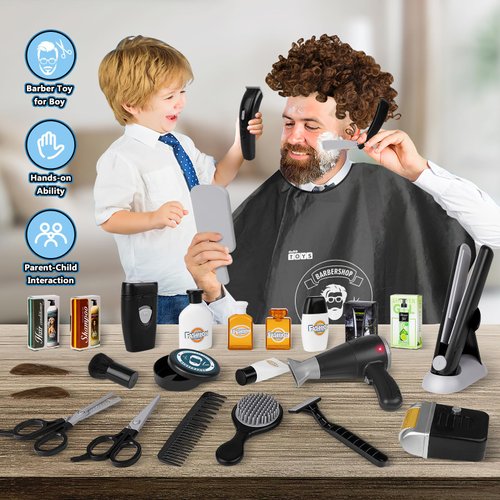 deAO Barber Shop Pretend Play Toy,29 PCS Kids Shaving Kit for Boys,Styling Accessories with Hair Dryer,Hair Straightener,Stylist Apron,Boys Grooming Salon Set Gift for Kids 3+