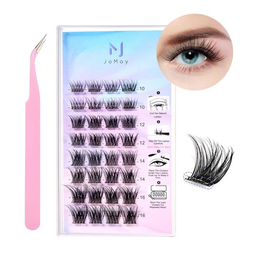 JoMay Self Adhesive Eyelashes Press On Lashes D Curl Lash Clusters Natural No Glue Eyelashes Clear Self Adhesive Strips Extension Kit 32PCS 1 Step DIY Lash Easy to Apply 10-16mm (G01, D-10-16mm)