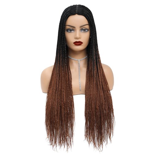 ROSEBONY Braided Wigs Long Box Braids Wig for Women Ombre Brown #30 28 Inch Micro Box Braids Fake Scalp Wig Synthetic Wigs (1B/30)