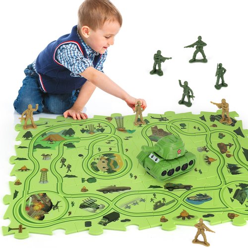 Youlechen Puzzle Track wiht Tank Toy Army Figures Race Car for Kids Age 3-5, Plastic Puzzle Track wiht Vehicle for Toddlers 4 5 6 7 Year Old, Military Figure Toy for 3 4 5 6 7 8 Year Olds Kids