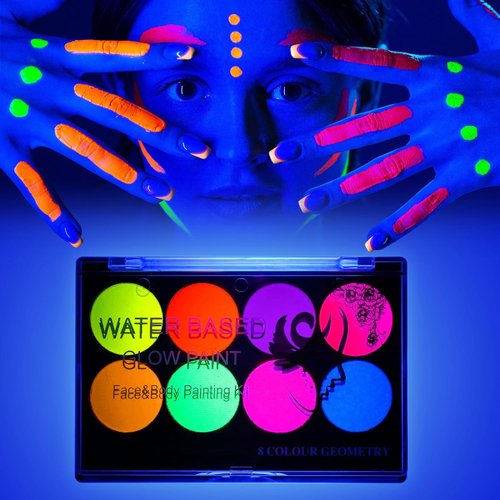 8 Colors Bright Neon Fluorescent Rave Body Paint Palette，Glow UV Blacklight Face Paint,Water Activated Eyeliner,Halloween Washable for Kids Adult Body Paint Water Based Makeup