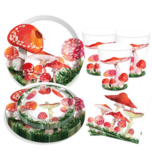 16 Guests Mushroom Party Supplies 68 Pcs Red Watercolor Mushroom Birthday Party Decorations Tableware Set Includes Mushroom Birthday Plates and Napkins, Dessert Plates Cups for Mushroom Theme Decor