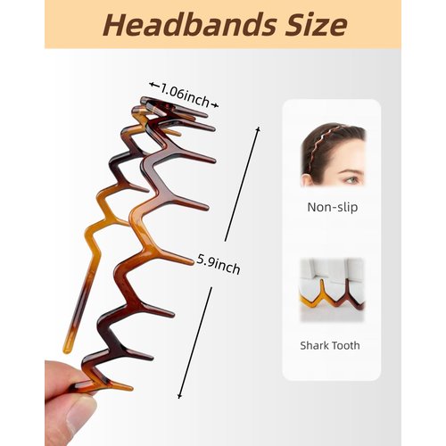 Kayouhua 2 Sets Brown Zig Zag Headbands for Women,Plastic Zigzag Headband Shark Tooth Hair Comb Headband Hair Accessories for Women & Men Washing Face