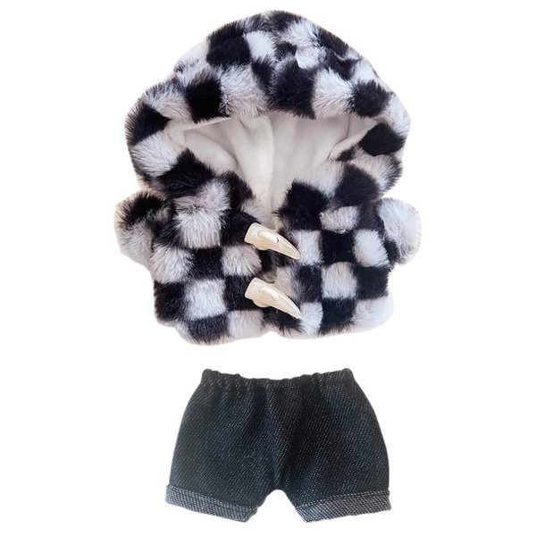 niannyyhouse Plaid Coat Fur Jeans 2-Piece Set 7.8in（20cm） Plush Doll Clothes Accessories (A-1)