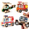 HUZU Emergency Vehicles 3D Puzzle Toy, Rescue Squad Wooden Snap Button Connection Building Blocks for Kids 3-8, Fire Truck Ambulance Police Car Helicopter Montessori Gifts for Preschool Children