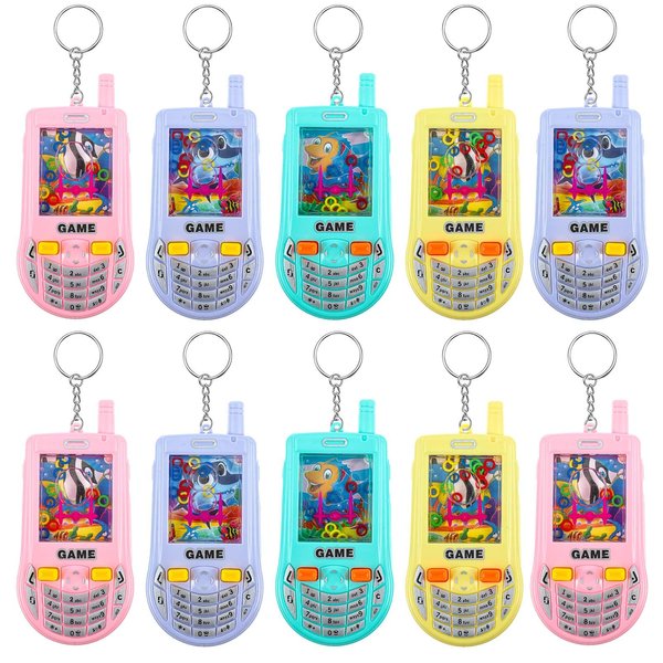 Blueweenly 10 Pieces Handheld Water Ring Game Party Favors with Keychain Colorful Handheld Toy Phones Game Water Ring Toss Fun Gifts Goodie Bags Stuffers for Boys Teenager Birthday Contest Prize