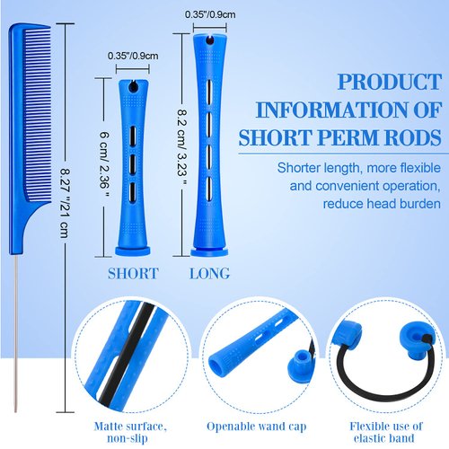 60 Pieces Short Hair Perm Rods Cold Wave Rods Plastic Perming Rods Hair Curling Rollers Curlers with Steel Pintail Comb Rat Tail Comb for Hairdressing Styling Supplies (0.35 Inch, Blue)