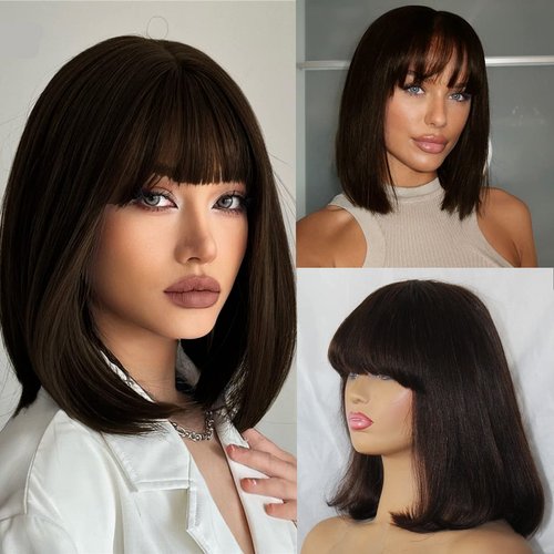Savasana Light Yaki Straight Short Bob Wig with Bangs None Lace Front Wigs 180% Density Brown Human Hair Bang Bob Wig 10Inch Realistic Look HD Lace Glueless Wigs for Black Women Vrigin Human Hair