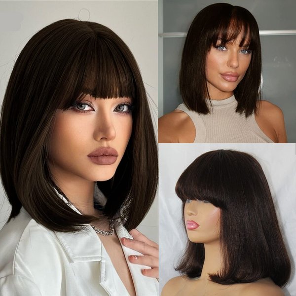 Savasana Light Yaki Straight Short Bob Wig with Bangs None Lace Front Wigs 180% Density Brown Human Hair Bang Bob Wig 10Inch Realistic Look HD Lace Glueless Wigs for Black Women Vrigin Human Hair