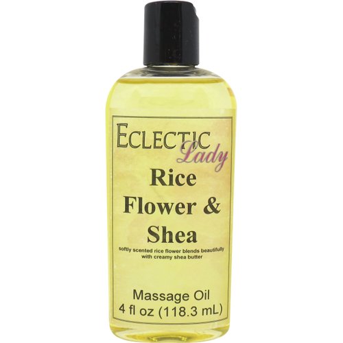 Rice Flower and Shea Massage Oil, 4 oz, With Sweet Almond Oil and Jojoba Oil, Preservative Free, Perfect for Aromatherapy and Relaxation