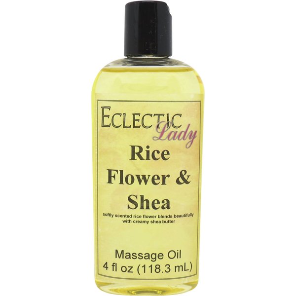 Rice Flower and Shea Massage Oil, 4 oz, With Sweet Almond Oil and Jojoba Oil, Preservative Free, Perfect for Aromatherapy and Relaxation