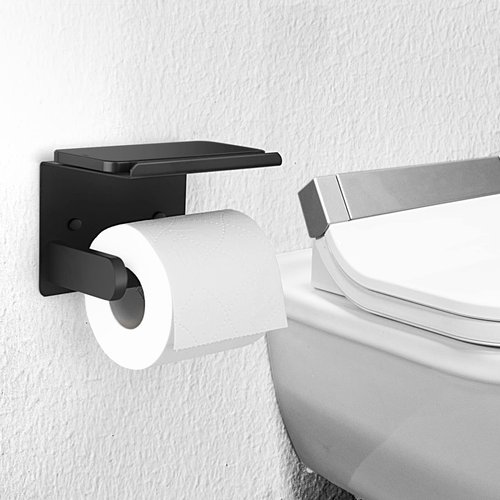 Toilet Paper Holder, Matte Black Toilet Paper Holder with Shelf,Screw or Self Adhesive Toilet Paper Holder Wall Mount,SUS304 Bathroom Toilet Paper Holder,Toilet Paper Roll Holder for Bathroom,Washroom