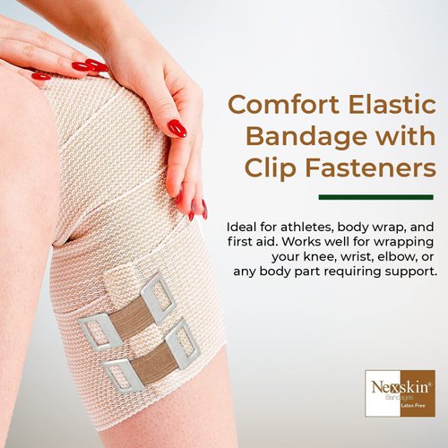 NexSkin 4" Organic Latex Free American Cotton - Comfort Elastic Bandage with Clip Fasteners - Beige, 6 Pack