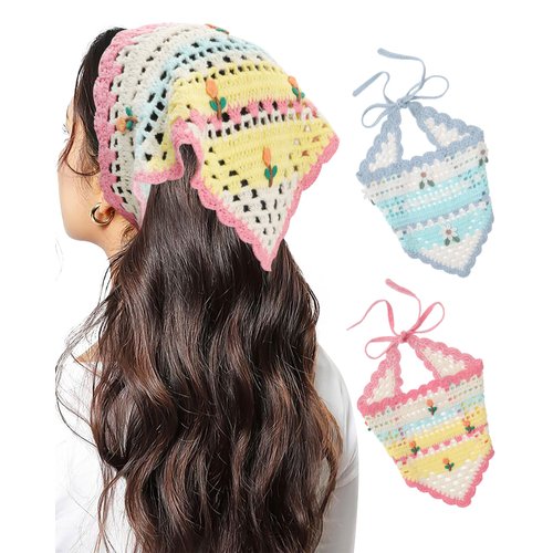Ufgin 2 PCS Crochet Hair Bandanas Floral Head Scarf Knit Bandana Headband Scarf Tie-Back Head Kerchief Daisy Hair Bandanas for Women Girls(Blue+Yellow)