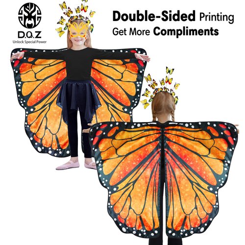 D.Q.Z Double-Sided Fairy Butterfly-Wings Costume for Girls Kids Dress-Up Halloween Costumes Mask Headband as Gifts (Orange)