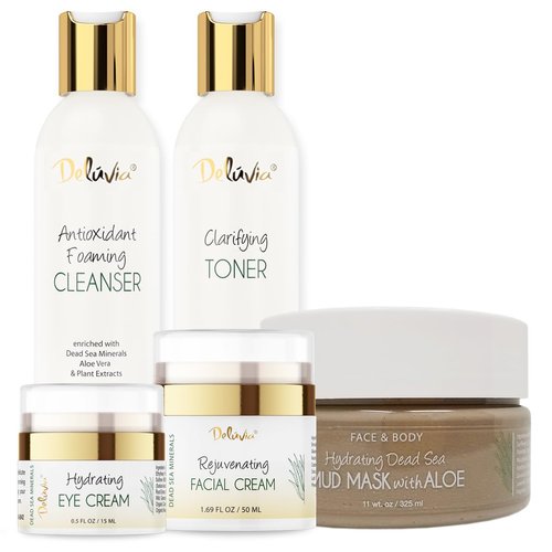 Deluvia Premium Facial Kit, Skin Care Products Set, Gentle Foaming Cleanser Face Wash, Clarifying Facial Toner, Face Moisturizer, Hydrating Under Eye Cream, Dead Sea Mud Mask