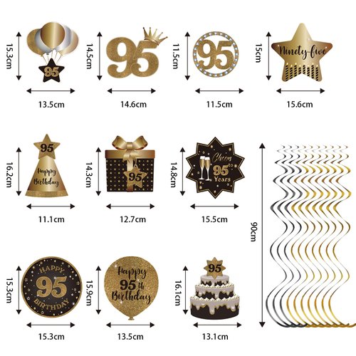 Happy 95th Birthday Party Hanging Swirls Streams Ceiling Decorations, Celebration 95 Foil Hanging Swirls with Cutouts for 95 Years Old Black and Gold Birthday Party Decorations Supplies