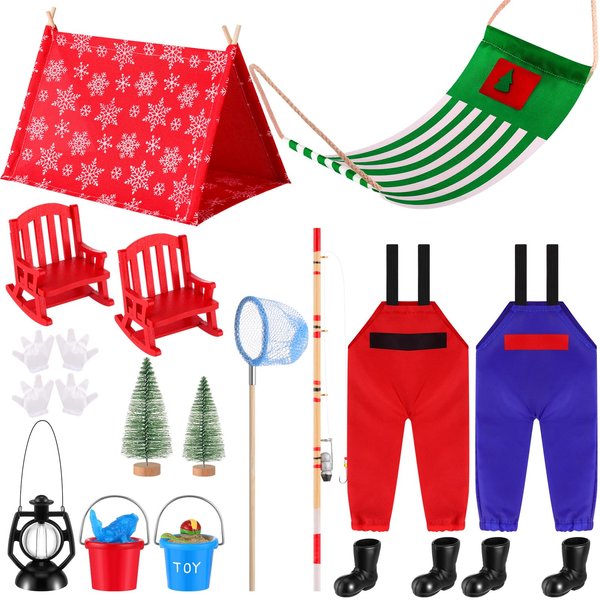 18 Pcs Christmas Elf Accessories Elf Doll Fishing Accessories Include Elf Fishing Outfits Clothes and Elf Camping Accessories for Elf Xmas Kids Gift Elf Props Decor(Fishing)