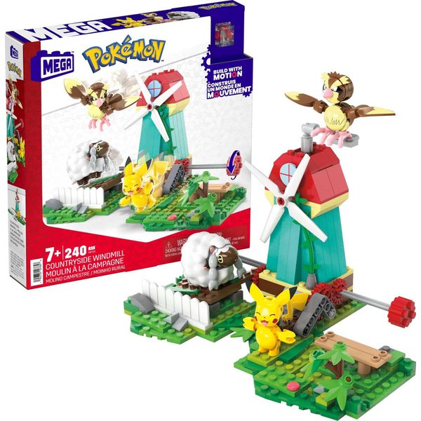 MEGA Pokémon Building Toys Set, Countryside Windmill with 240 Pieces, Motion and 3 Poseable Action Figures, for Kids