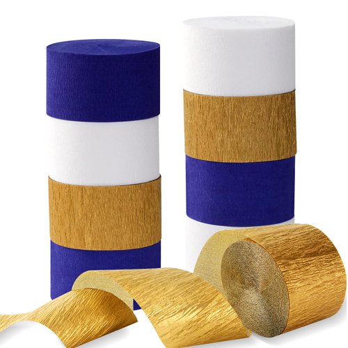 Navy-Blue White-Gold Crepe Paper Streamers - 9 Rolls Royal Blue Graduation 2024 Men Boy Birthday Party Decorations Streamer Wedding Bridal Shower Paper Garland Fathers Day Decor Panduola