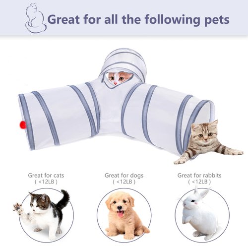 Alicedreamsky Cat Tunnel, Collapsible Tube with 1 Play Ball Toys, 3 Ways Tunnels for Indoor Cats, Puppy, Kitty, Kitten, Rabbit (White and Gray)