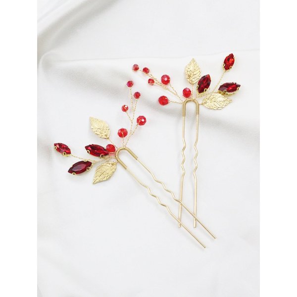 Brihasory Red Bridal Hair Pins 2PCS Wedding Hair Pieces for Brides, Handmade Rhinestone Hair Clip for Women Hair Accessories, Party Prom Hair Decoration Bridesmaid Gifts