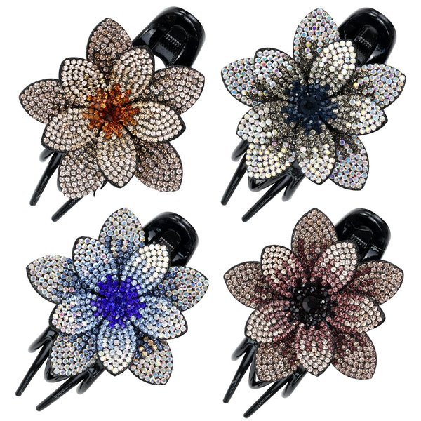 inSowni 4 Pack Luxury Fancy Decorative Glitter Sparkly Crystals Rhinestones Big Flower Hair Claws Clips Barrettes Hairpins Clamps Korean Hair Accessories for Women Girls Thick Long Hair