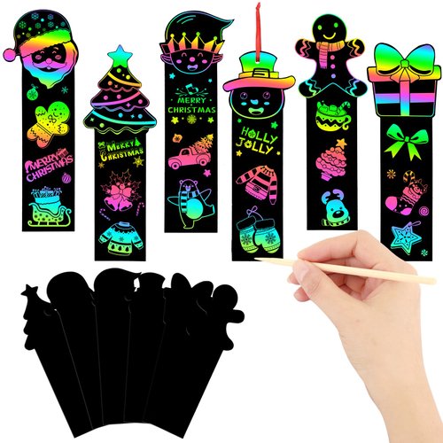 AUGSUN 96Pcs Christmas Scratch Bookmarks, Cute Christmas Tree Santa Snowman DIY Crafts Kit Rainbo...