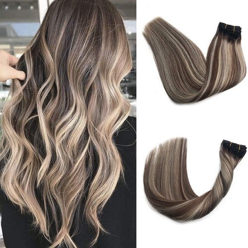 Clip in Hair Extensions 20" 100% Brazilian Human Hair Clip in 8 Pcs 160g Mixed Ombre Dark Brown with Dark Brown and Dark Brown Highlight for Full Head Soft Silky Straight (#2T6P60)