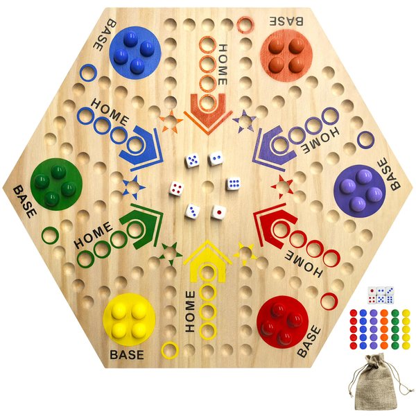 Wooden Board Game, Aggravation Board Game Original Marble Game Double Sided Painted 2 to 6 Player Fast Track Board Game Wooden with 6 Colors 24 Marbles 6 Dice for Adults Kids Family(15 INCH)