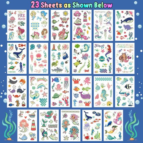 Cerlaza 300 Styles (23 Sheets) Luminous Mermaid Party Decorations Temporary Tattoos for Kids, Glow Mermaid Birthday Party Supplies Favors for Girls, Mermaid Goodie Bags Fillers