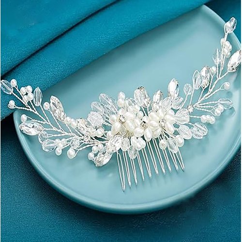 Bmirth Wedding Hair Combs Silver Flower Hair Comb Pearl Bridal Hair Piece Crystal Bride Hair Accessory for Women and Girls