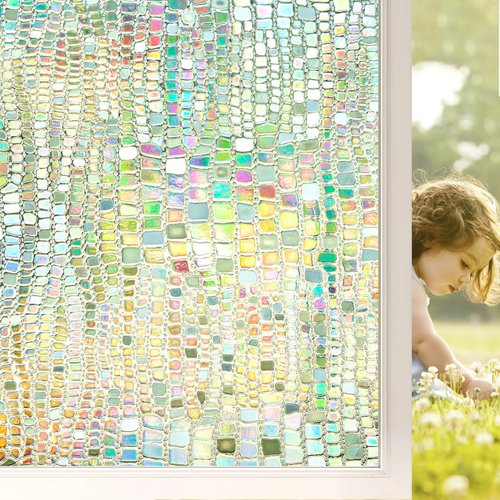 Beautysaid Window Privacy Film Rainbow: 3D Stained Glass Decorative Static Cling Heat Control Sun Blocking Non Adhesive Vinyl Bathroom Door Coverings(Pure,17.5 x 78.7 inch)