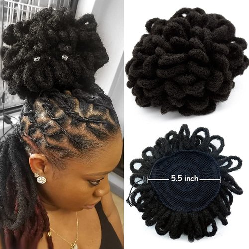 Dreadlocks Bun Afro Puff Drawstring Ponytail Hair Chignon Nu Locs Braids Buns Hairpiece Synthetic Clip in Hair Extensions for Black Women(2#)