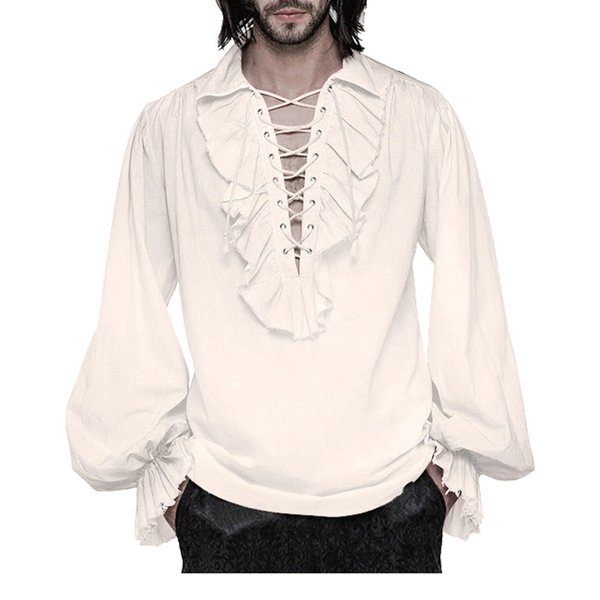 Mens Pirate Costume Shirt Steampunk Medieval Renaissance Shirt Gothic Ruffled Halloween Cosplay Tops White