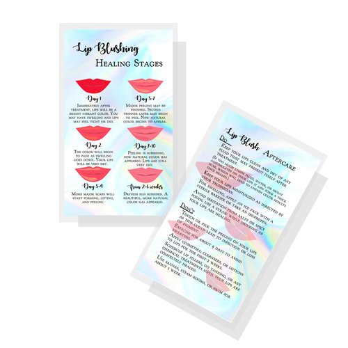 Lip Blush Stages of Healing & Aftercare Instructions Card | 50 Pack | 2x3.5" inches Business Card Size | Lip Blush Lip Glow Lip Tint PMU Lip Liner Full Lip Tint Tattoo | Holographic Look Design
