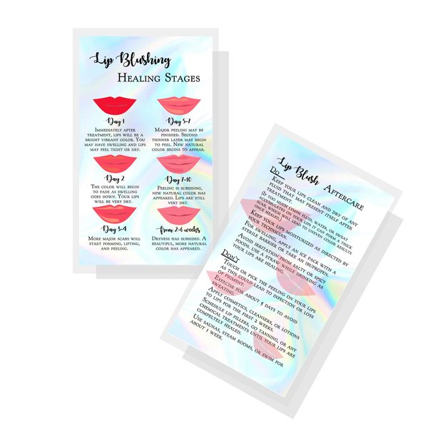 Lip Blush Stages of Healing & Aftercare Instructions Card | 50 Pack | 2x3.5" inches Business Card Size | Lip Blush Lip Glow Lip Tint PMU Lip Liner Full Lip Tint Tattoo | Holographic Look Design
