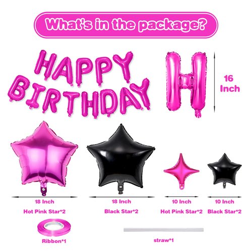 Happy Birthday Balloons Banner, Hot Pink Black Happy Birthday Foil Balloons 16 Inch Mylar Foil Letter Balloons with 8 Pcs Hot Pink Black Star Balloons for Women Girls Birthday Party Decorations