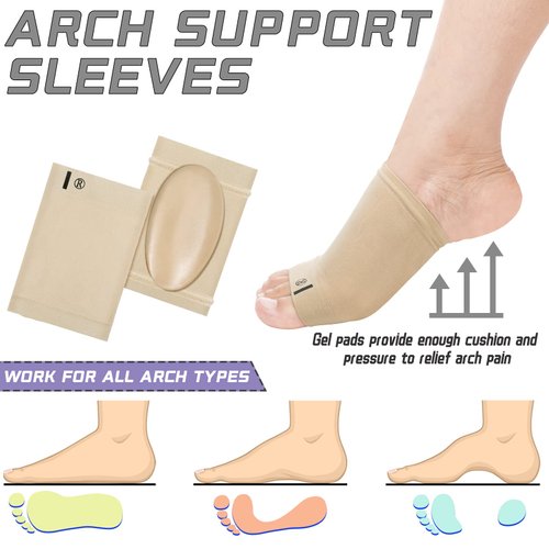 Arch Support Sock 4 Pieces Flat Foot Arch Support Sleeve Cushioned Metatarsal Brace Soft Elastic Arch Foot Brace Gel Pad Inside Feet Brace Plantar Metatarsal Compression Sleeve for Pain Relief (Beige)