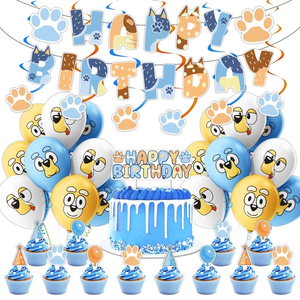 Blue Dog Birthday Party Supplies , Blue Dog Party Decorations - big Cake Topper - 12 Cupcake Toppers - 18 Balloons -6 swirl- Banner