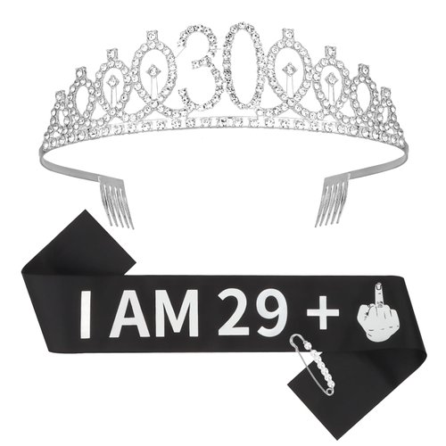 Casoty Silver 30th Birthday Sash and Tiara for Women, 30th Birthday Decorations for Women, 30th Birthday Crown and Sash Set, 30th Birthday Party Favors, Happy 30th Birthday Gifts for Women