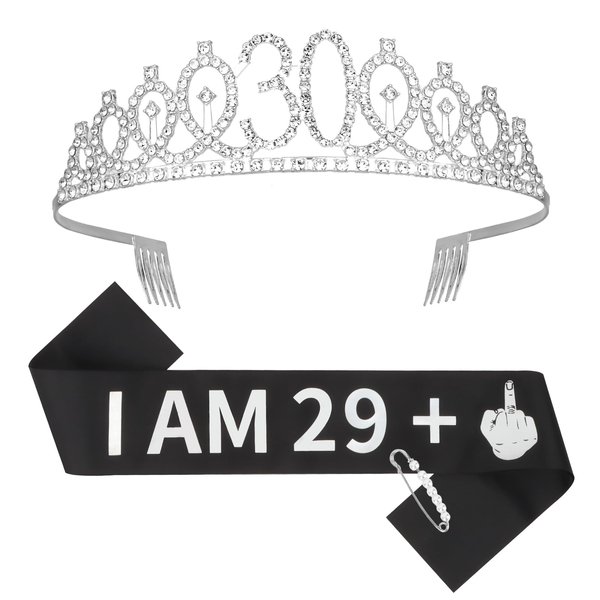 Casoty Silver 30th Birthday Sash and Tiara for Women, 30th Birthday Decorations for Women, 30th Birthday Crown and Sash Set, 30th Birthday Party Favors, Happy 30th Birthday Gifts for Women