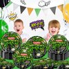 96 Pcs Ninja Superhero Birthday Party Plates and Napkins Green Comics Cityscape Buildings Party Supplies Set Boy Kids Green Tortoise Birthday Party Decorations Serve 24 Guests Tableware