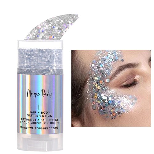 Holographic Flash Stick, Holographic Glitter Cosmetics-Body, Face, Eyes, Hair, Nail Makeup, Colorful Stage Makeup，Party Carnival Shining Glitter， Festival Loose Glitter Set (06# Silver)