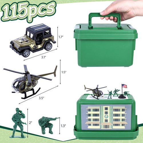 LovesTown 115PCS Army Men Playset, Military Soldier Set Army Action Figures Battle Group Military Base Toy with Box Helicopter for Gifts Green