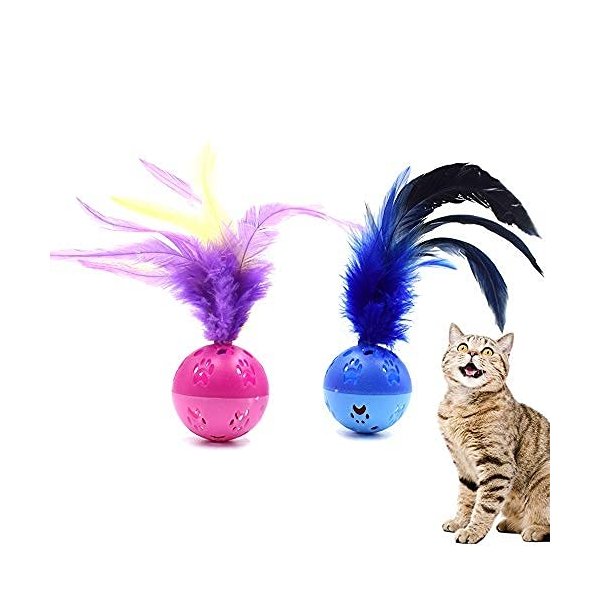 BeeSpring Cat Balls Interactive Cat Toy Cat Feather Balls with Loud Bell Inside (2Pcs - Red, Blue)